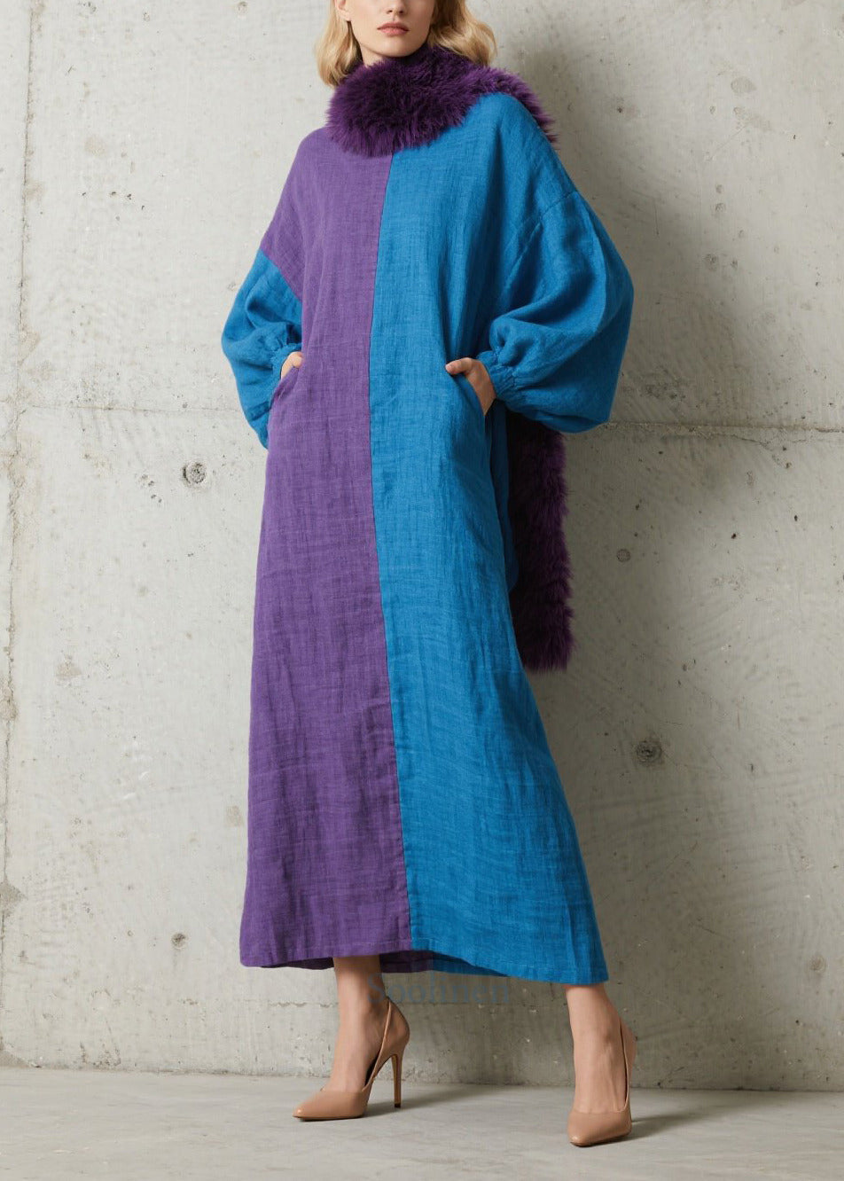 Fashion Colorblock Asymmetrical Patchwork Cotton Maxi Dresses Puff Sleeve