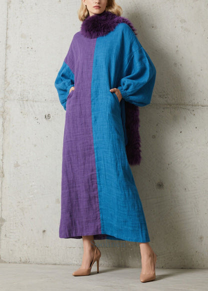 Fashion Colorblock Asymmetrical Patchwork Cotton Maxi Dresses Puff Sleeve
