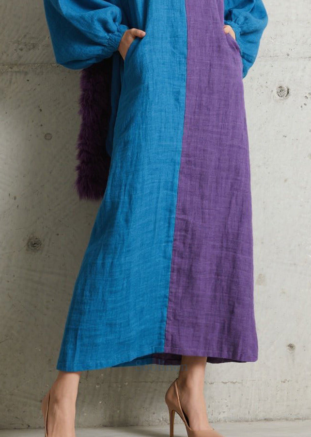 Fashion Colorblock Asymmetrical Patchwork Cotton Maxi Dresses Puff Sleeve