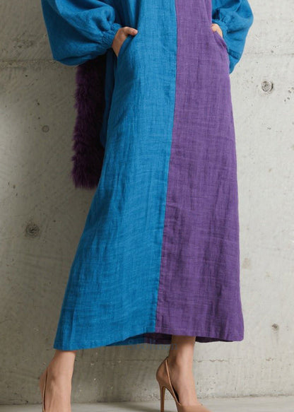 Fashion Colorblock Asymmetrical Patchwork Cotton Maxi Dresses Puff Sleeve