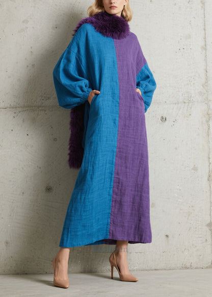 Fashion Colorblock Asymmetrical Patchwork Cotton Maxi Dresses Puff Sleeve