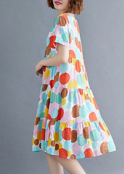 Fashion Colorblock O-Neck Dot Print Cotton Pleated Dresses Short Sleeve