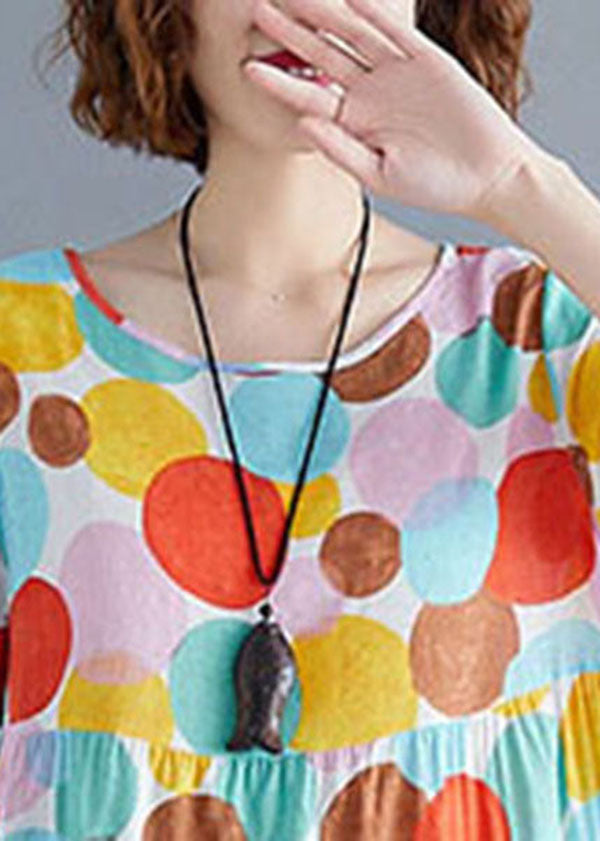 Fashion Colorblock O-Neck Dot Print Cotton Pleated Dresses Short Sleeve