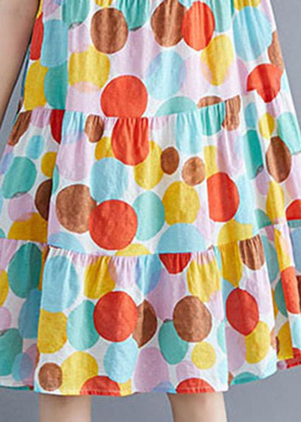 Fashion Colorblock O-Neck Dot Print Cotton Pleated Dresses Short Sleeve