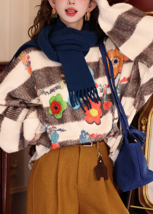 Fashion Colorblock O Neck Print Knit Pullover Batwing Sleeve