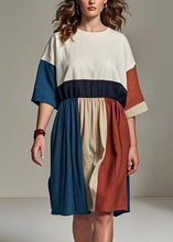 Load image into Gallery viewer, Fashion Colorblock O Neck Wrinkled Patchwork Linen Dresses Summer