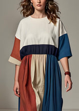 Load image into Gallery viewer, Fashion Colorblock O Neck Wrinkled Patchwork Linen Dresses Summer