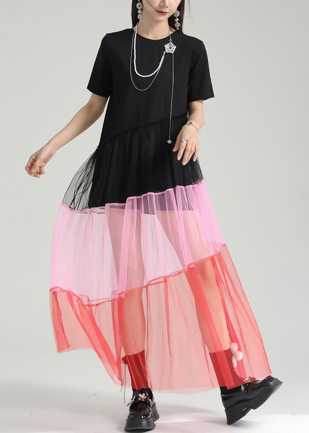 Fashion Colorblock O Neck Wrinkled Patchwork Tulle Dresses Summer