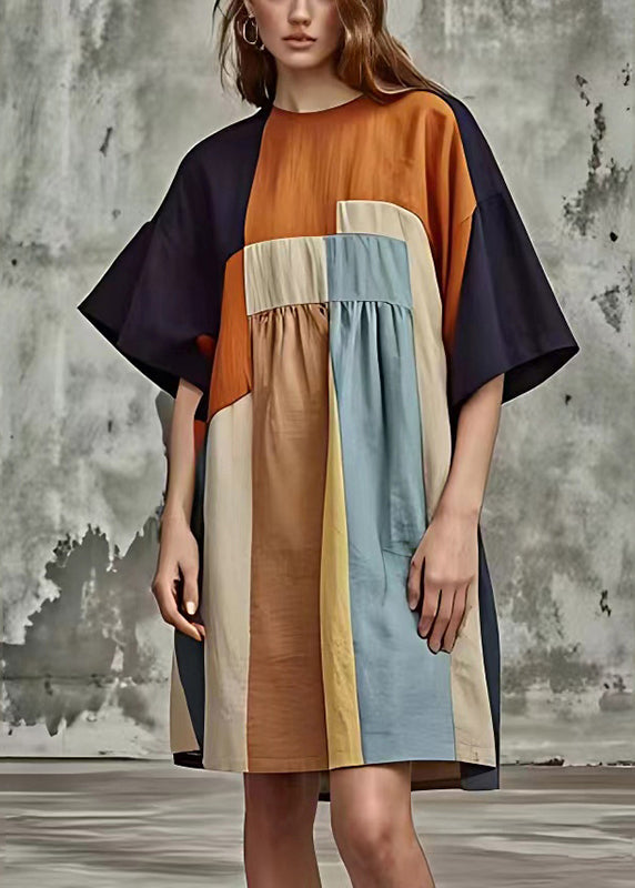 Fashion Colorblock Oversized Patchwork Cotton Mid Dresses Summer