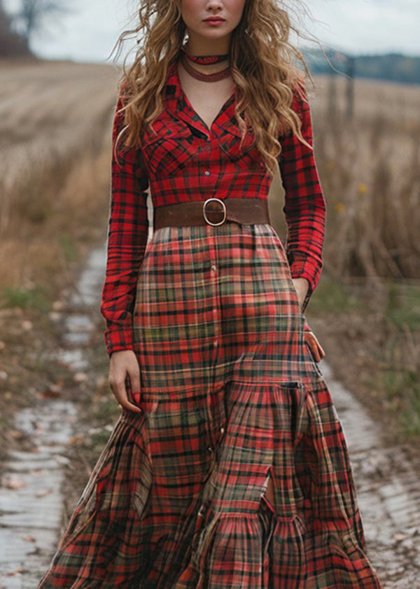 Fashion Colorblock Plaid Wrinkled Cotton Maxi Dresses Long Sleeve