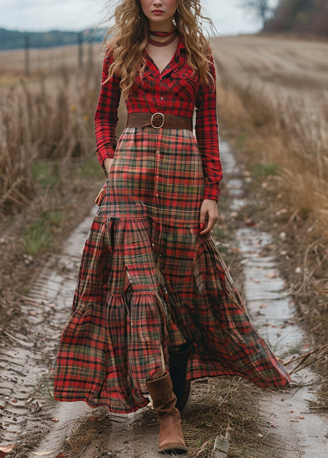 Fashion Colorblock Plaid Wrinkled Cotton Maxi Dresses Long Sleeve