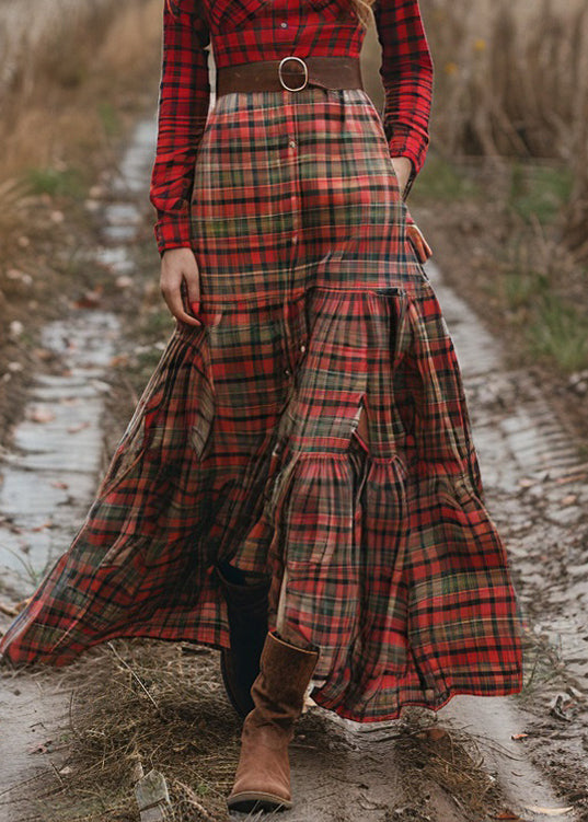 Fashion Colorblock Plaid Wrinkled Cotton Maxi Dresses Long Sleeve