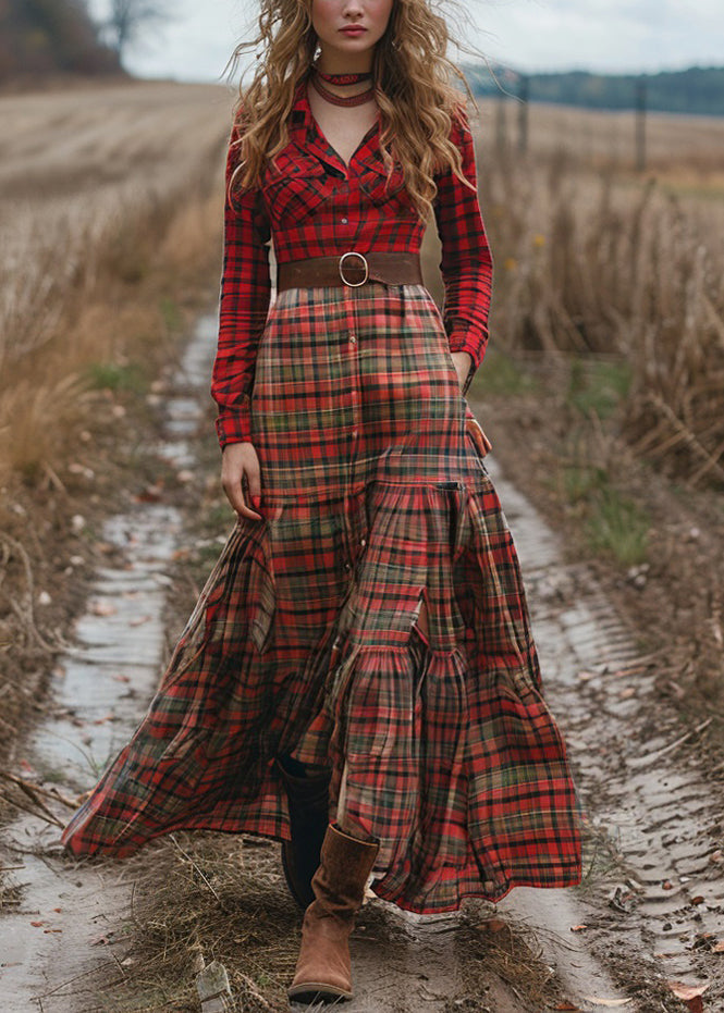 Fashion Colorblock Plaid Wrinkled Cotton Maxi Dresses Long Sleeve