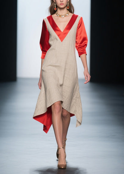Fashion Colorblock V Neck Patchwork Linen Silk Dresses Summer