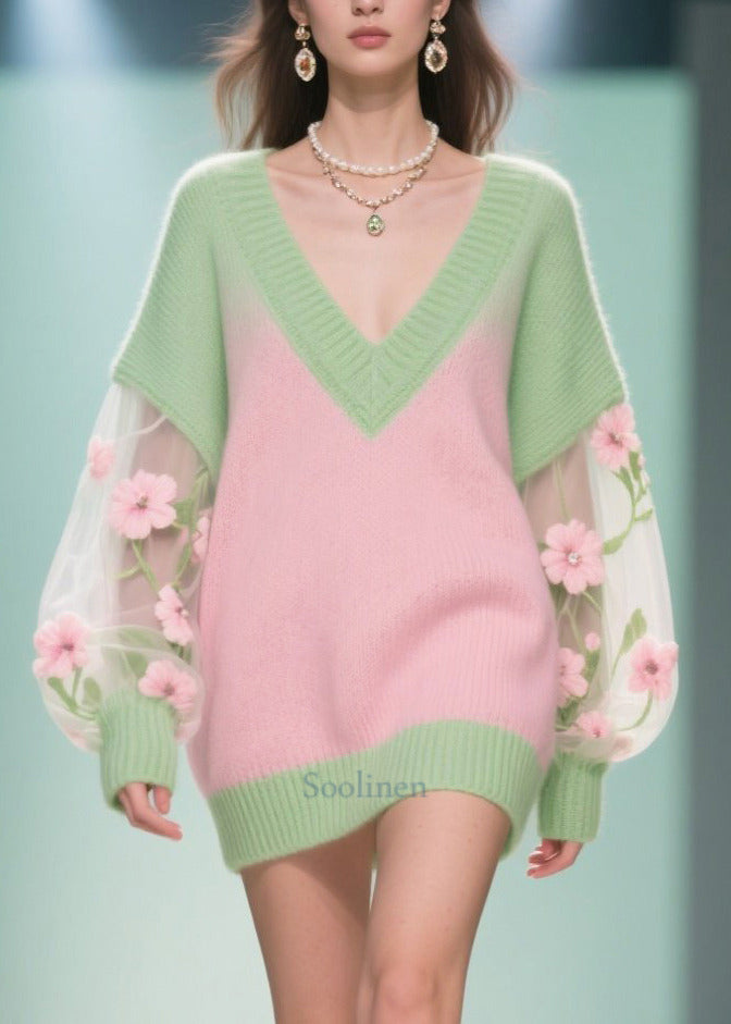 Fashion Colorblock V Neck Patchwork Tulle Long Sweaters Fall