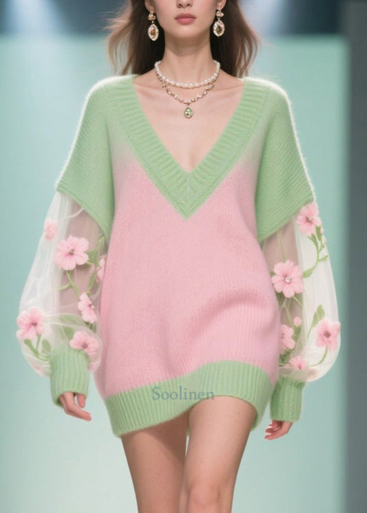 Fashion Colorblock V Neck Patchwork Tulle Long Sweaters Fall