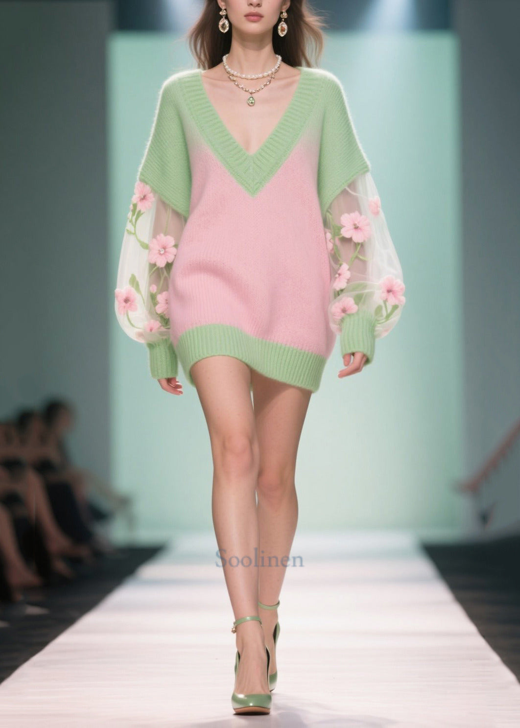 Fashion Colorblock V Neck Patchwork Tulle Long Sweaters Fall