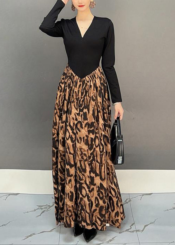 Fashion Colorblock V Neck Print Patchwork Long Dress Fall
