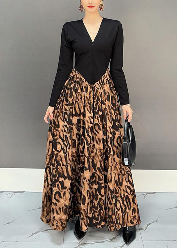 Fashion Colorblock V Neck Print Patchwork Long Dress Fall