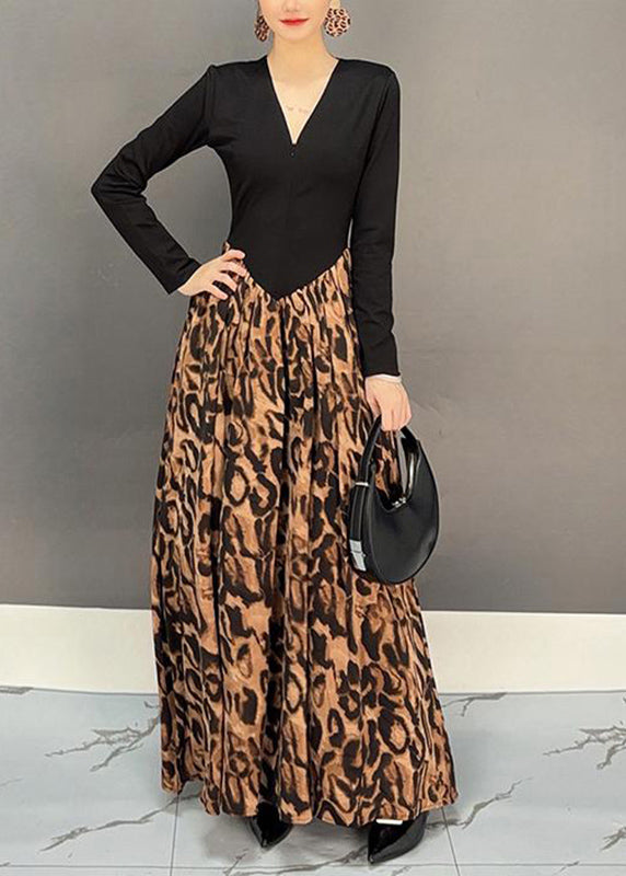 Fashion Colorblock V Neck Print Patchwork Long Dress Fall