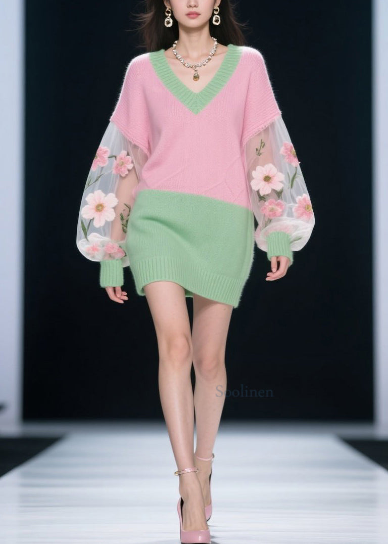 Fashion Colorblock V Neck Tulle Floral Patchwork Knit Dress Fall