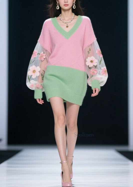 Fashion Colorblock V Neck Tulle Floral Patchwork Knit Dress Fall