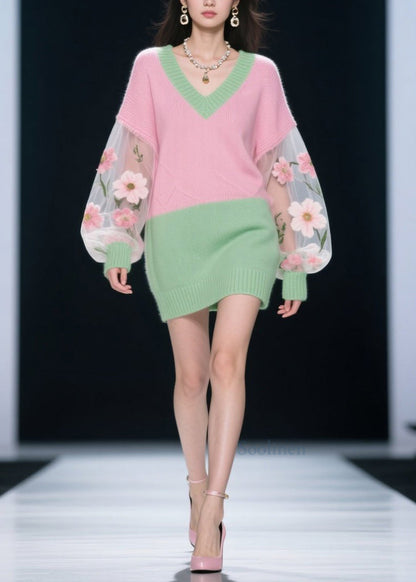 Fashion Colorblock V Neck Tulle Floral Patchwork Knit Dress Fall