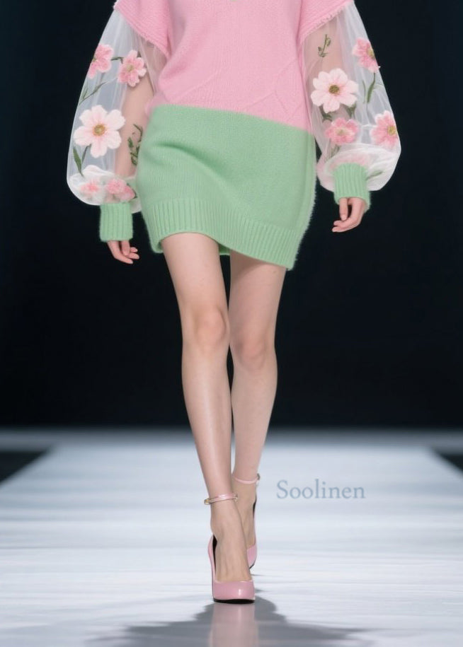 Fashion Colorblock V Neck Tulle Floral Patchwork Knit Dress Fall