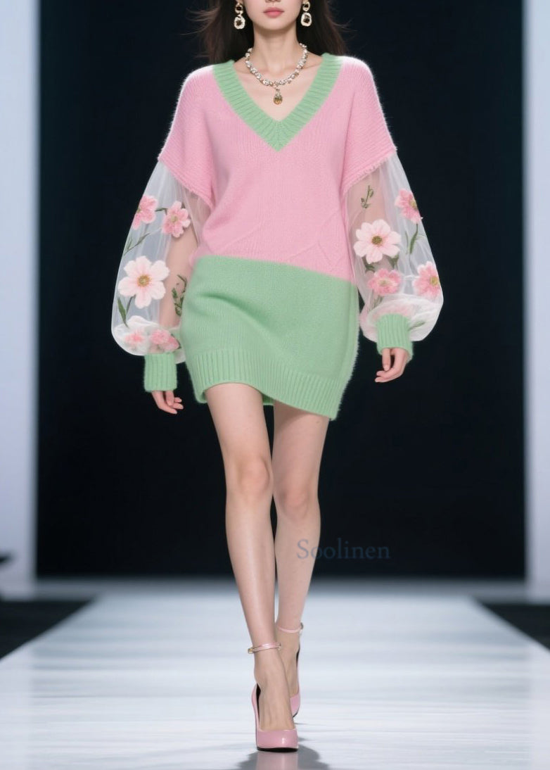 Fashion Colorblock V Neck Tulle Floral Patchwork Knit Dress Fall