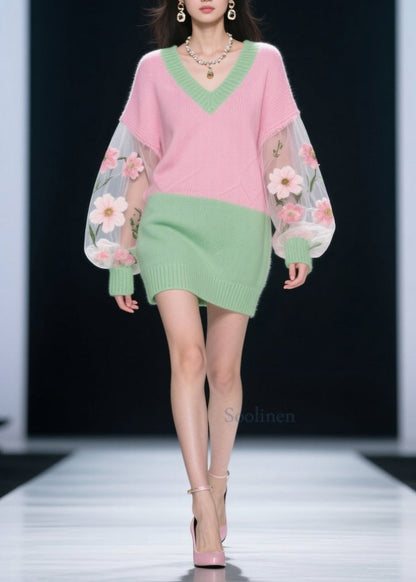 Fashion Colorblock V Neck Tulle Floral Patchwork Knit Dress Fall