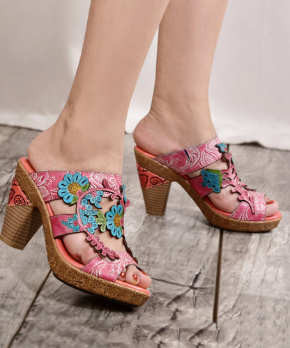 Fashion ColorblockC High Heel Cowhide Leather Cross Strap Slide Sandals