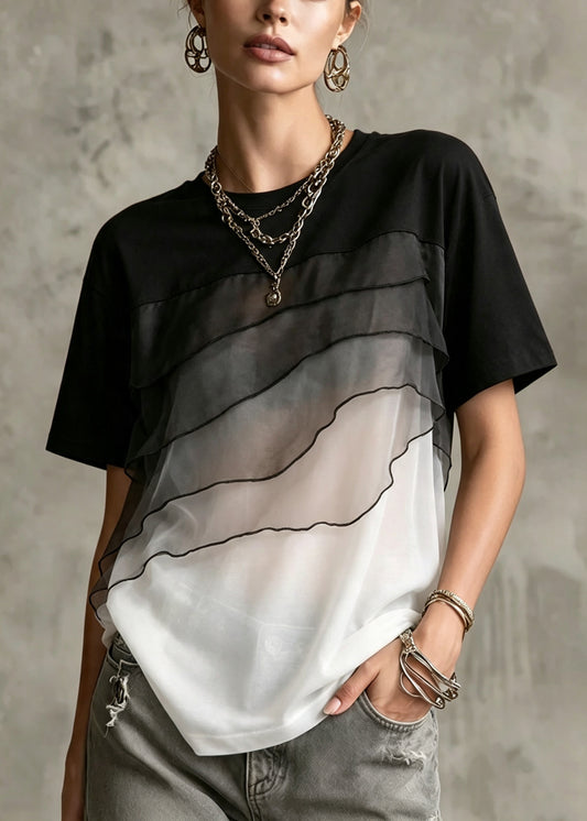 Fashion ColorblockC Oversized Patchwork Tulle Shirt Top Summer