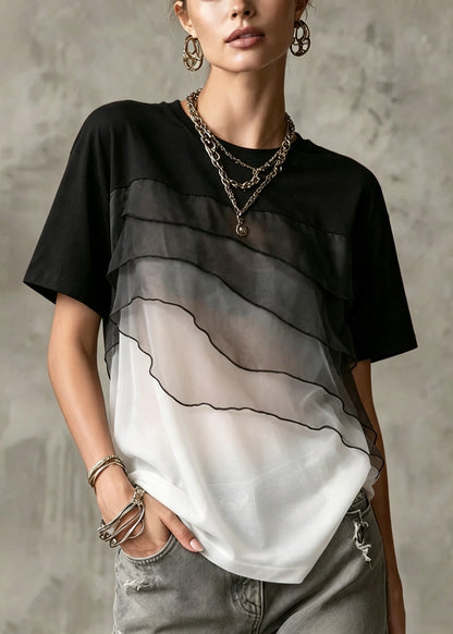 Fashion ColorblockC Oversized Patchwork Tulle Shirt Top Summer