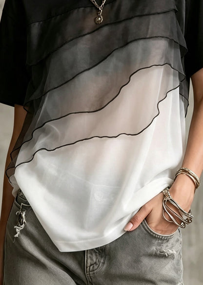 Fashion ColorblockC Oversized Patchwork Tulle Shirt Top Summer