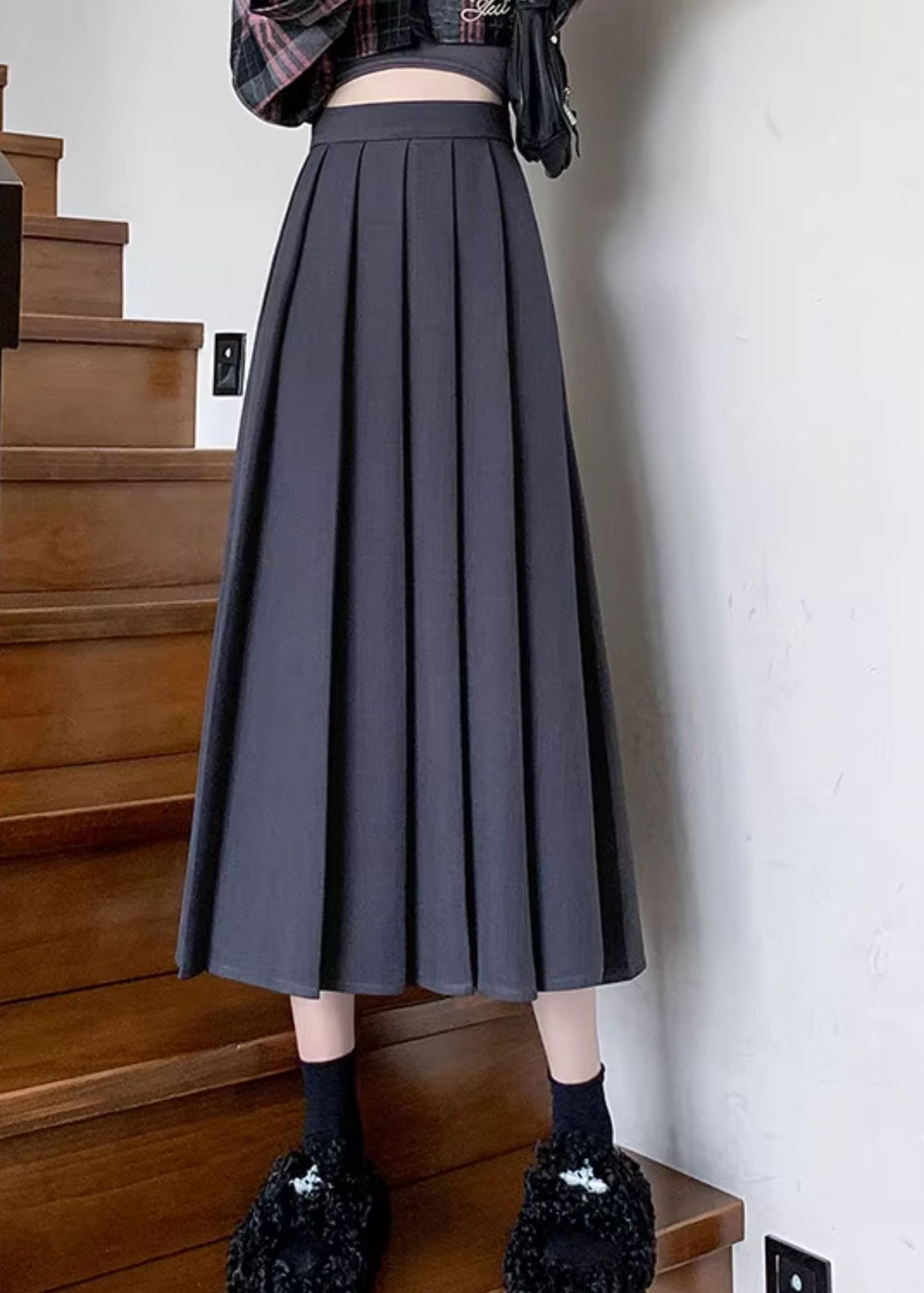 Fashion Dark Grey Patchwork Draping Pleated Skirt Fall