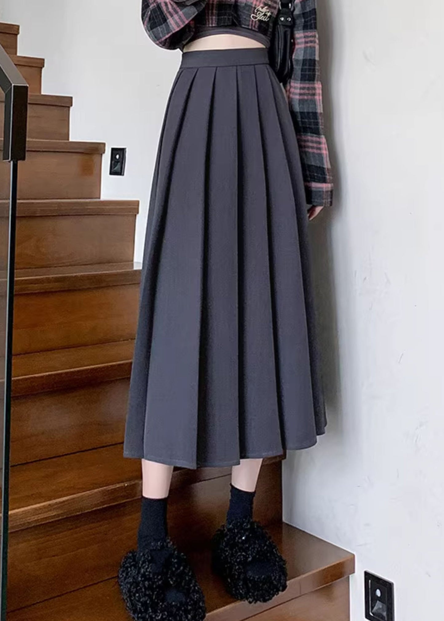 Fashion Dark Grey Patchwork Draping Pleated Skirt Fall