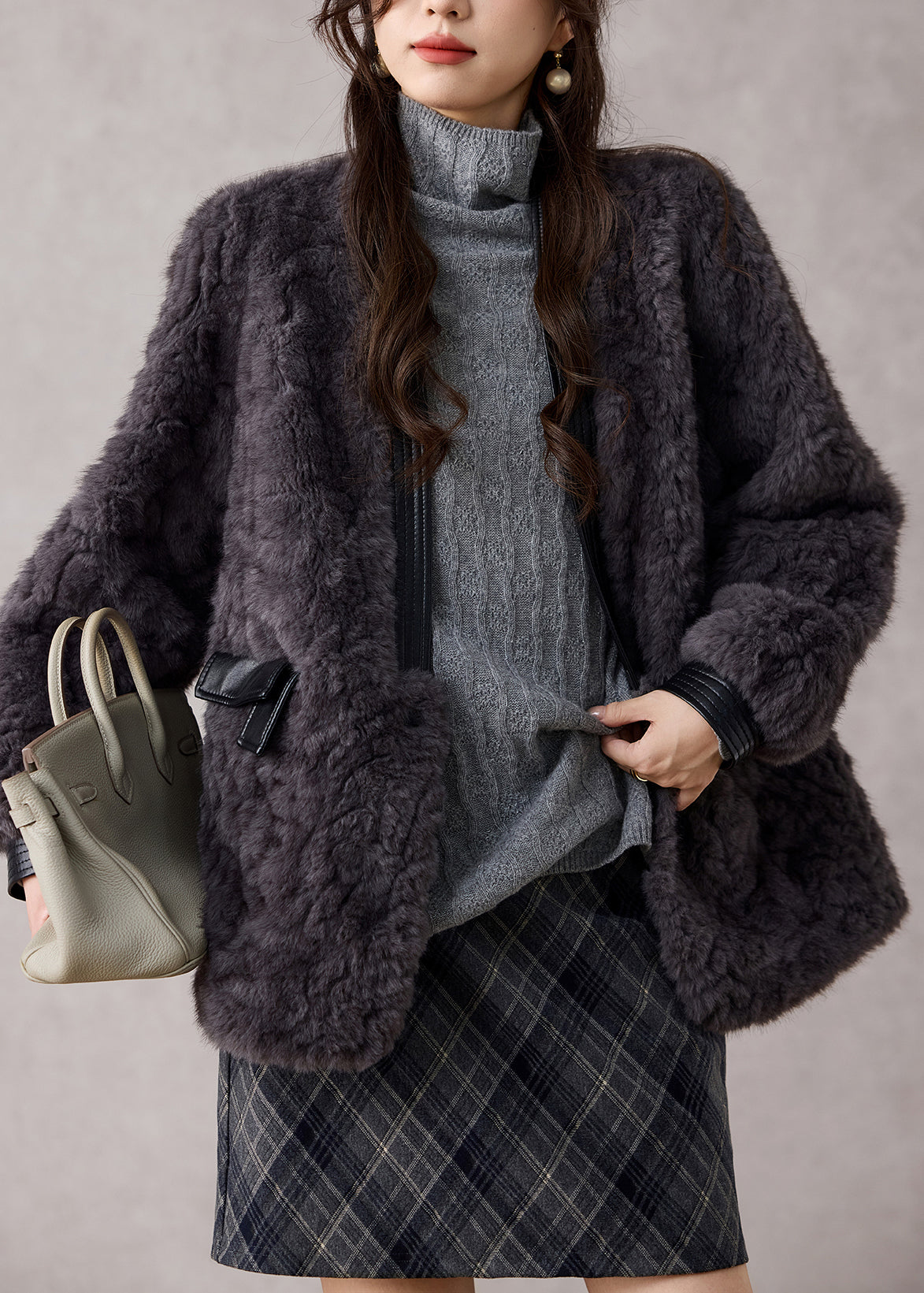 Fashion Dark Grey V Neck Patchwork Faux Fur Coats Winter