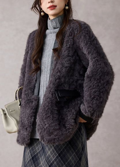 Fashion Dark Grey V Neck Patchwork Faux Fur Coats Winter