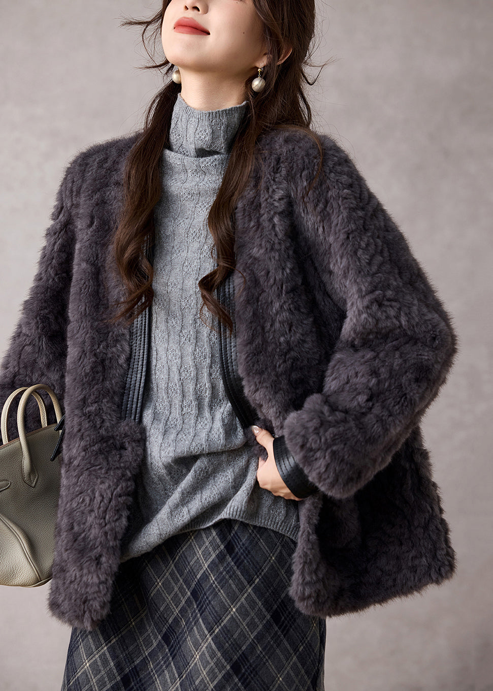 Fashion Dark Grey V Neck Patchwork Faux Fur Coats Winter