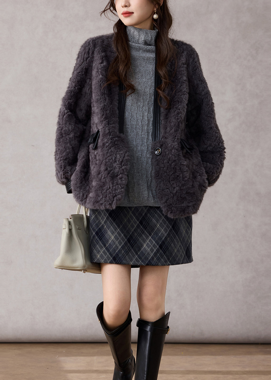 Fashion Dark Grey V Neck Patchwork Faux Fur Coats Winter