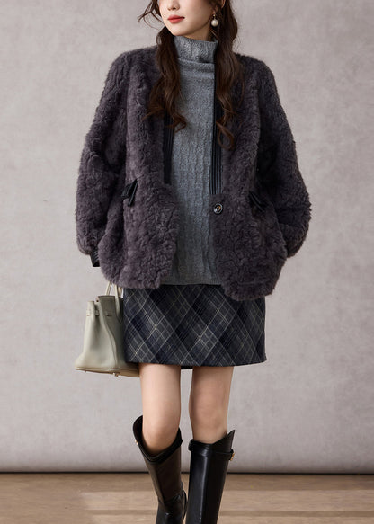 Fashion Dark Grey V Neck Patchwork Faux Fur Coats Winter