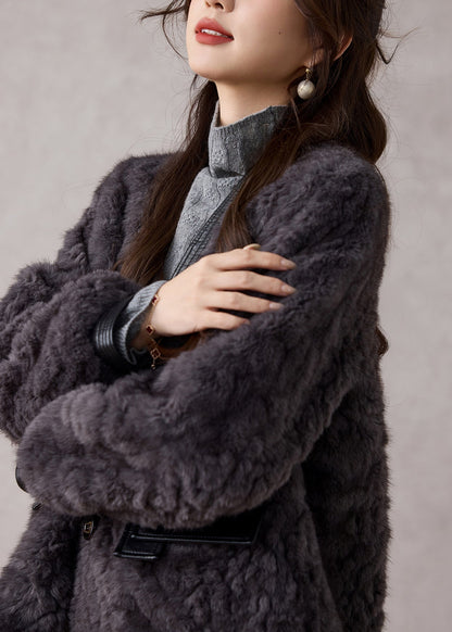 Fashion Dark Grey V Neck Patchwork Faux Fur Coats Winter
