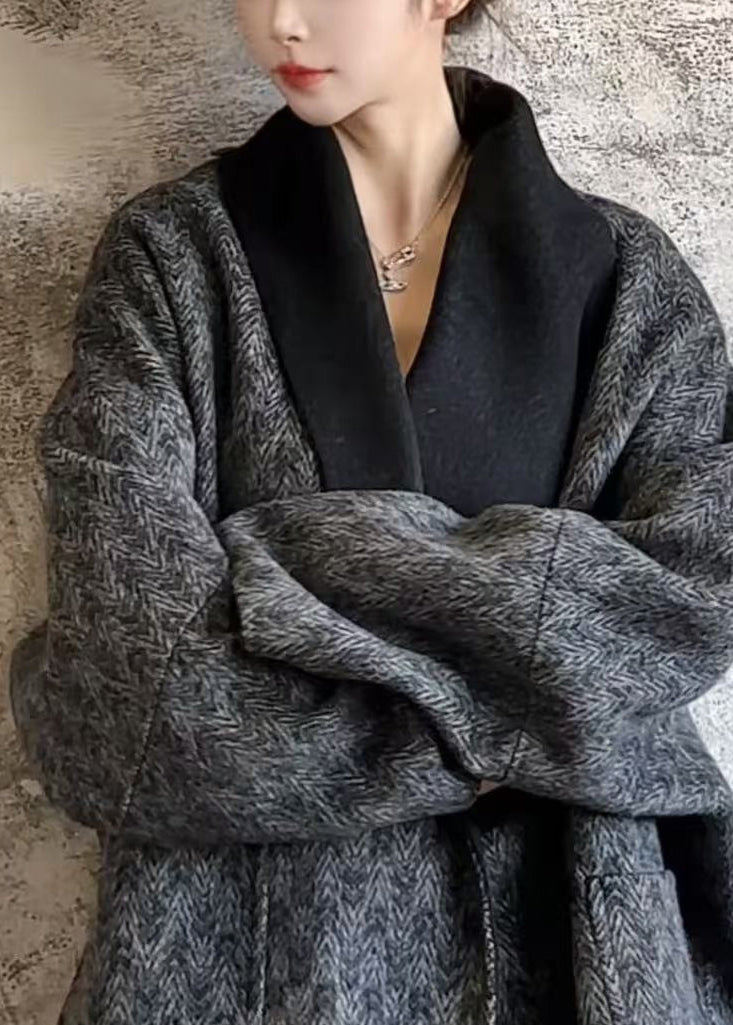 Fashion Dark Grey V Neck Print Pockets Wool Coats Fall
