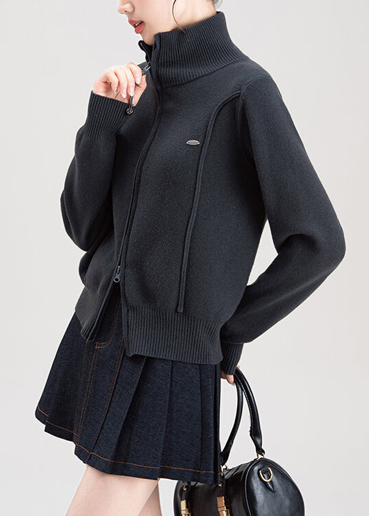 Fashion Dark Grey Zip Up High Neck Knit Sweaters Coat Spring