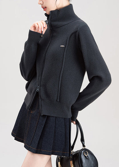 Fashion Dark Grey Zip Up High Neck Knit Sweaters Coat Spring