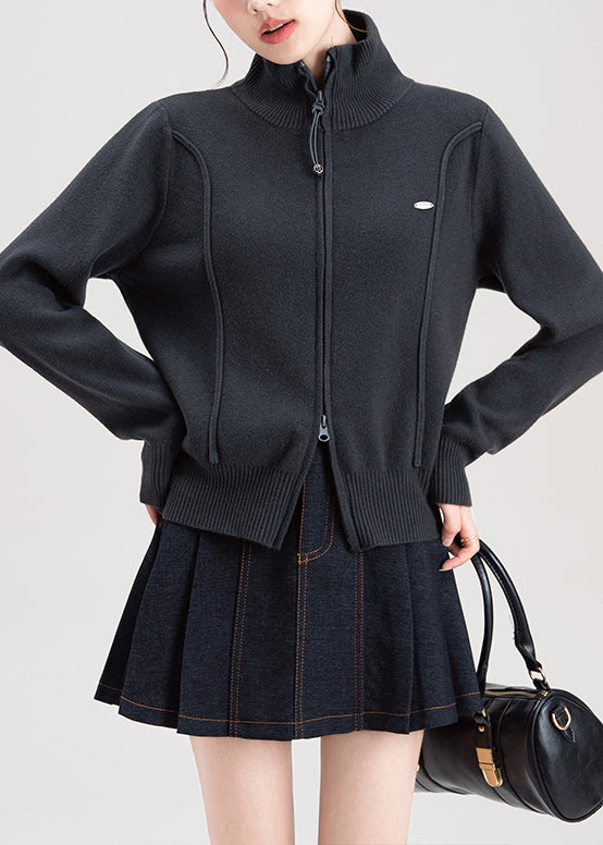 Fashion Dark Grey Zip Up High Neck Knit Sweaters Coat Spring