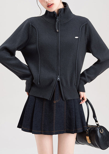 Fashion Dark Grey Zip Up High Neck Knit Sweaters Coat Spring