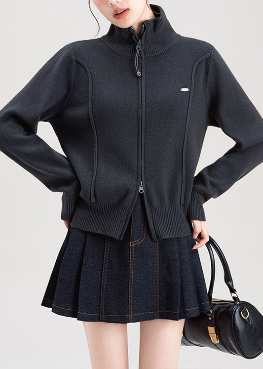 Fashion Dark Grey Zip Up High Neck Knit Sweaters Coat Spring