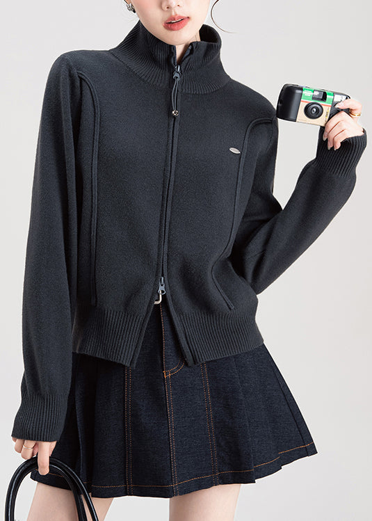 Fashion Dark Grey Zip Up High Neck Knit Sweaters Coat Spring