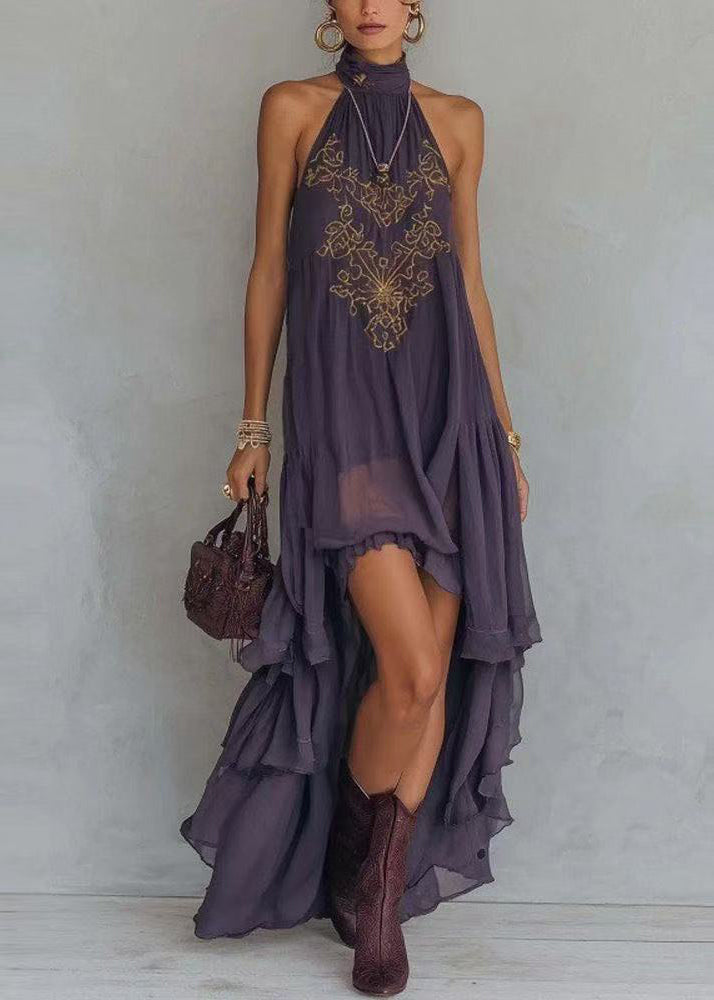 Fashion Dark Purple Embroidered Ruffled Low High Design Dress Sleeveless